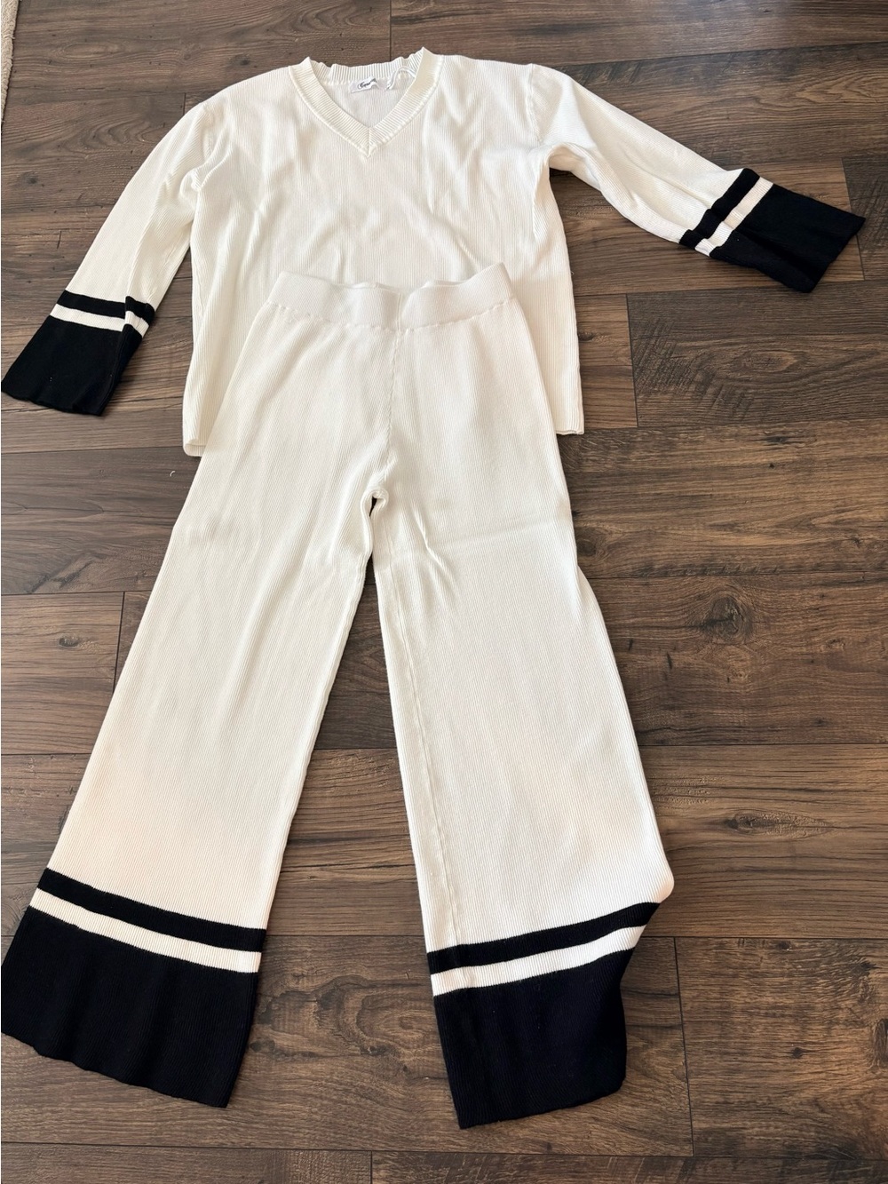 Cream Knit Two-Piece Set with Black Stripe Trim